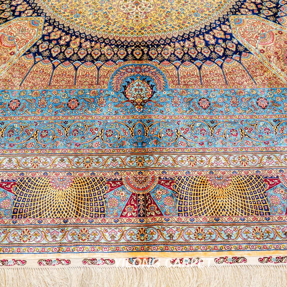 Multicolor Circular Medallion Hand-Knotted Silk Rug 9x12 - Image 6