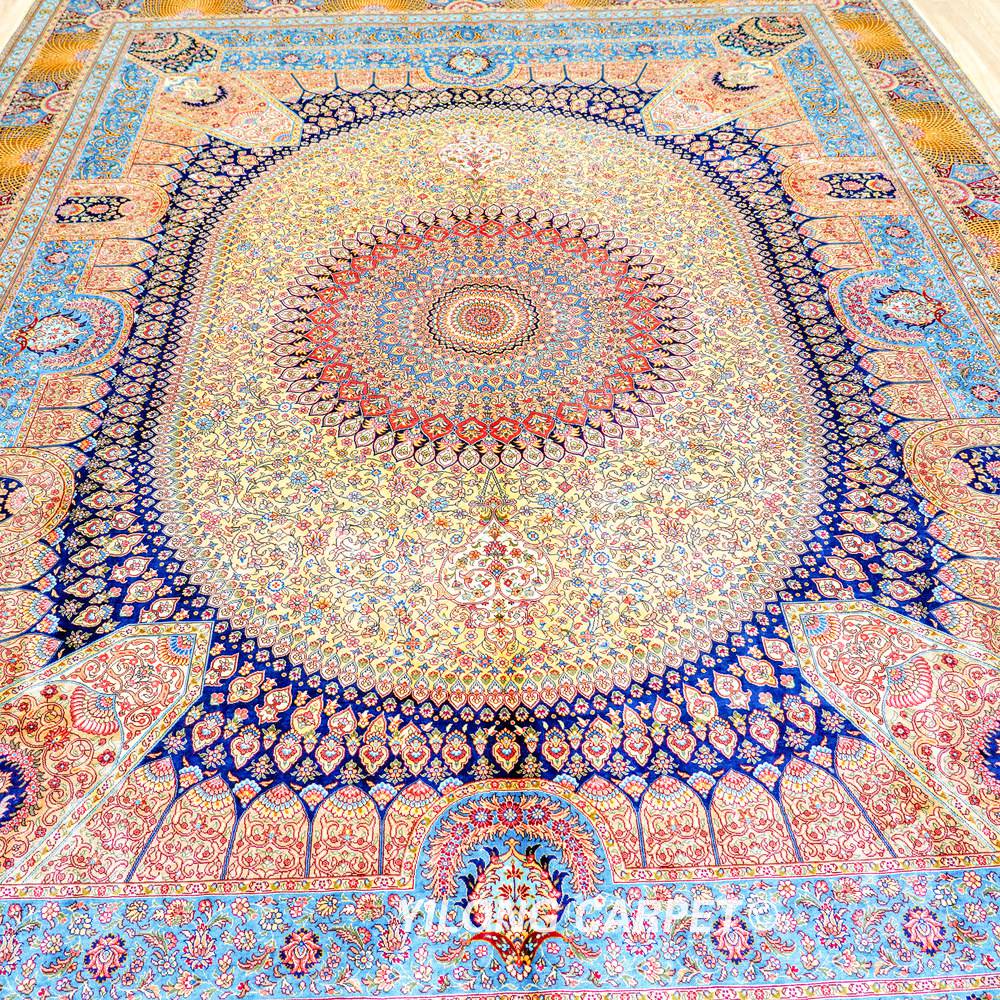 Multicolor Circular Medallion Hand-Knotted Silk Rug 9x12 - Image 4