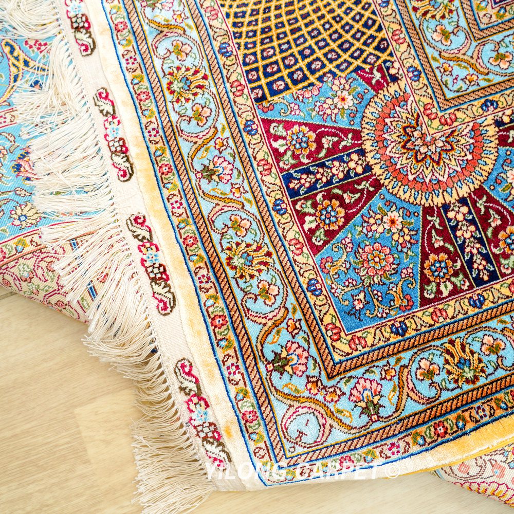 Multicolor Circular Medallion Hand-Knotted Silk Rug 9x12 - Image 9