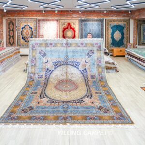 Multicolor Circular Medallion Hand-Knotted Silk Rug 9x12