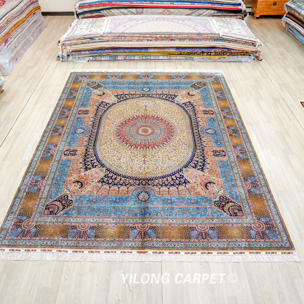 Multicolor Circular Medallion Hand-Knotted Silk Rug 9x12 - Image 3
