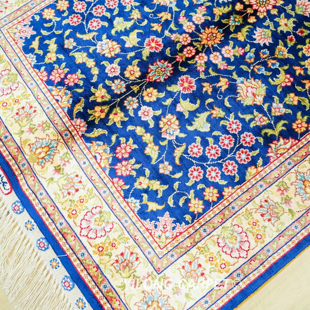 Navy Floral Field Hand-Knotted Silk Rug 2x3 - Image 8