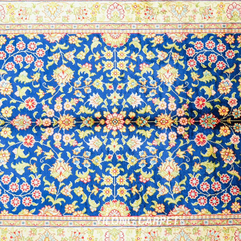 Navy Floral Field Hand-Knotted Silk Rug 2x3 - Image 7