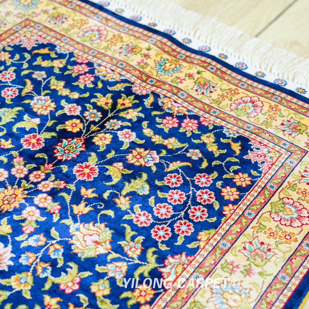 Navy Floral Field Hand-Knotted Silk Rug 2x3 - Image 6