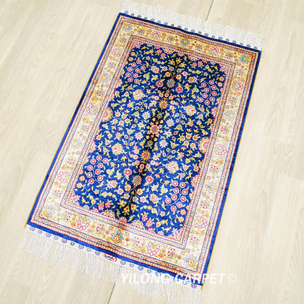 Navy Floral Field Hand-Knotted Silk Rug 2x3 - Image 5