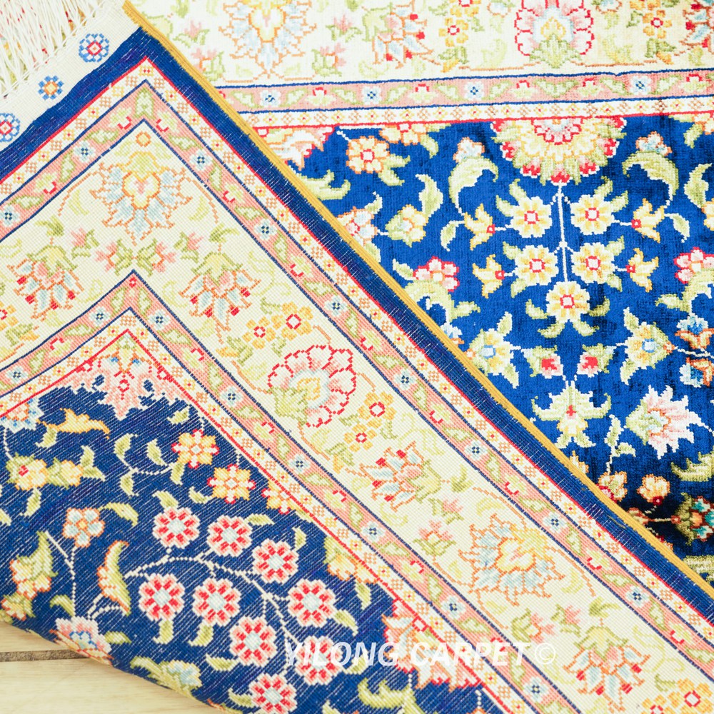 Navy Floral Field Hand-Knotted Silk Rug 2x3 - Image 9