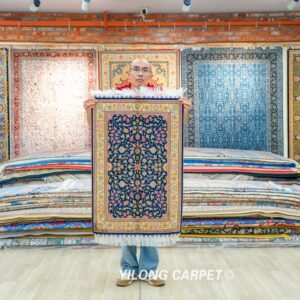 Navy Floral Field Hand-Knotted Silk Rug 2x3