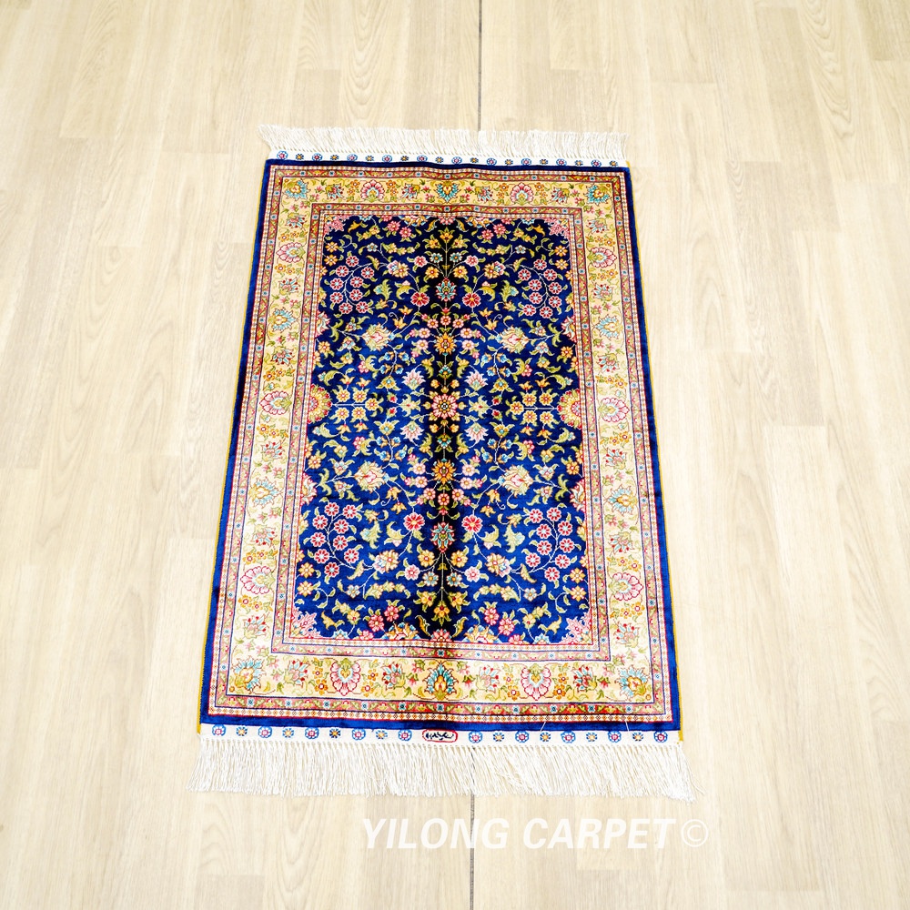 Navy Floral Field Hand-Knotted Silk Rug 2x3 - Image 4