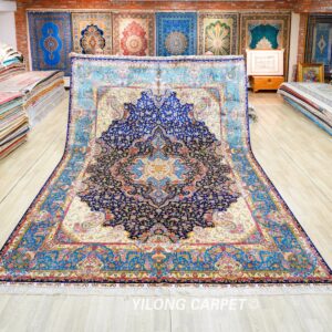 Navy Ornate Medallion Hand-Knotted Silk Rug 10x14