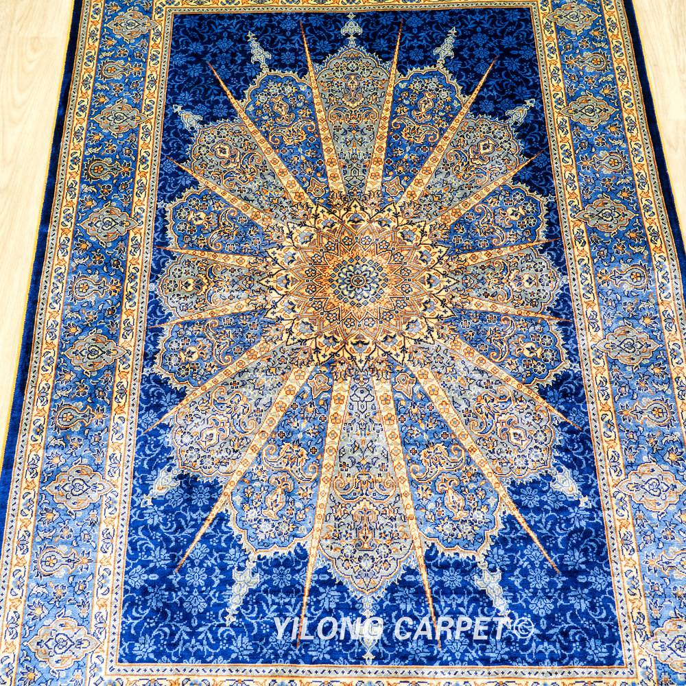 Navy Radial Medallion Hand-Knotted Silk Rug 3x4.5 - Image 4