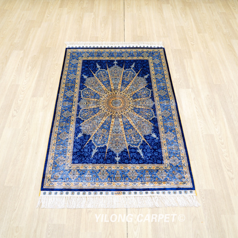 Navy Radial Medallion Hand-Knotted Silk Rug 3x4.5 - Image 3
