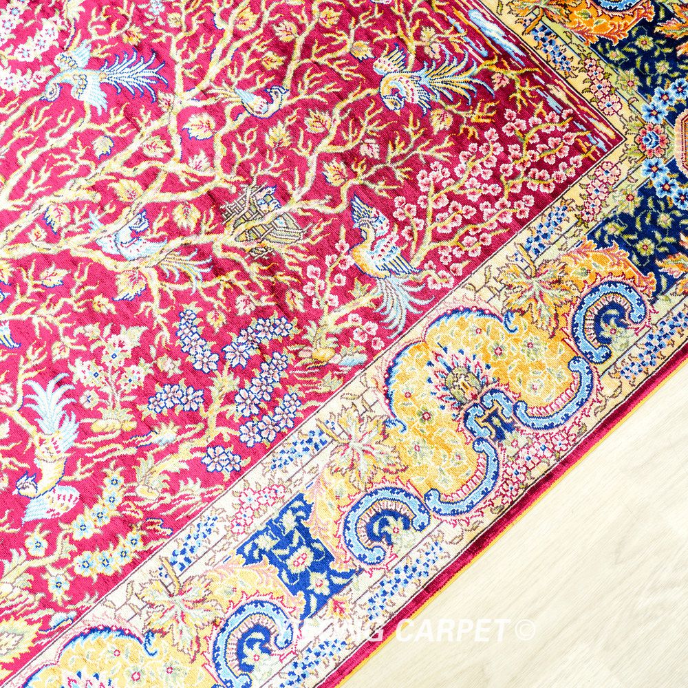 Red Tree Pattern Hand-Knotted Silk Rug 3x4.5 - Image 4