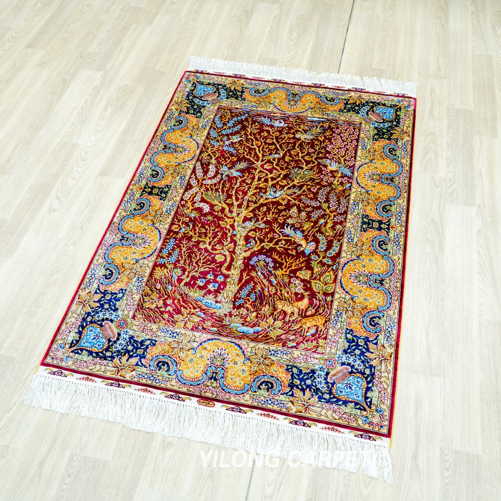 Red Tree Pattern Hand-Knotted Silk Rug 3x4.5 - Image 3
