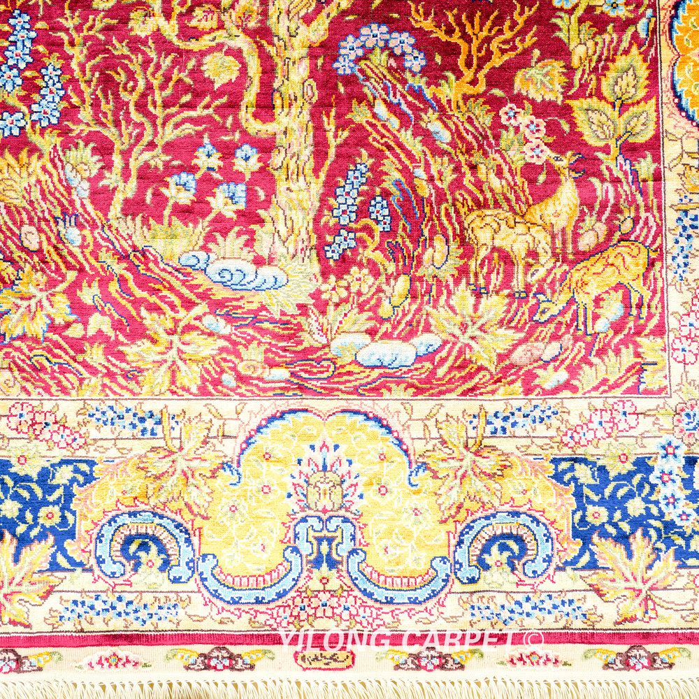 Red Tree Pattern Hand-Knotted Silk Rug 3x4.5 - Image 5