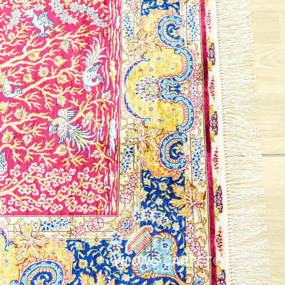 Red Tree Pattern Hand-Knotted Silk Rug 3x4.5 - Image 6