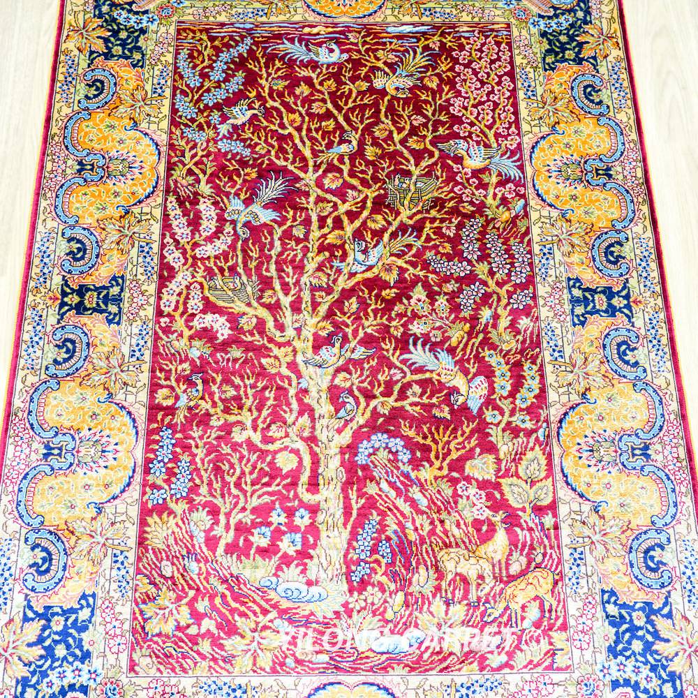 Red Tree Pattern Hand-Knotted Silk Rug 3x4.5 - Image 7