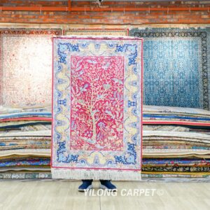 Red Tree Pattern Hand-Knotted Silk Rug 3x4.5
