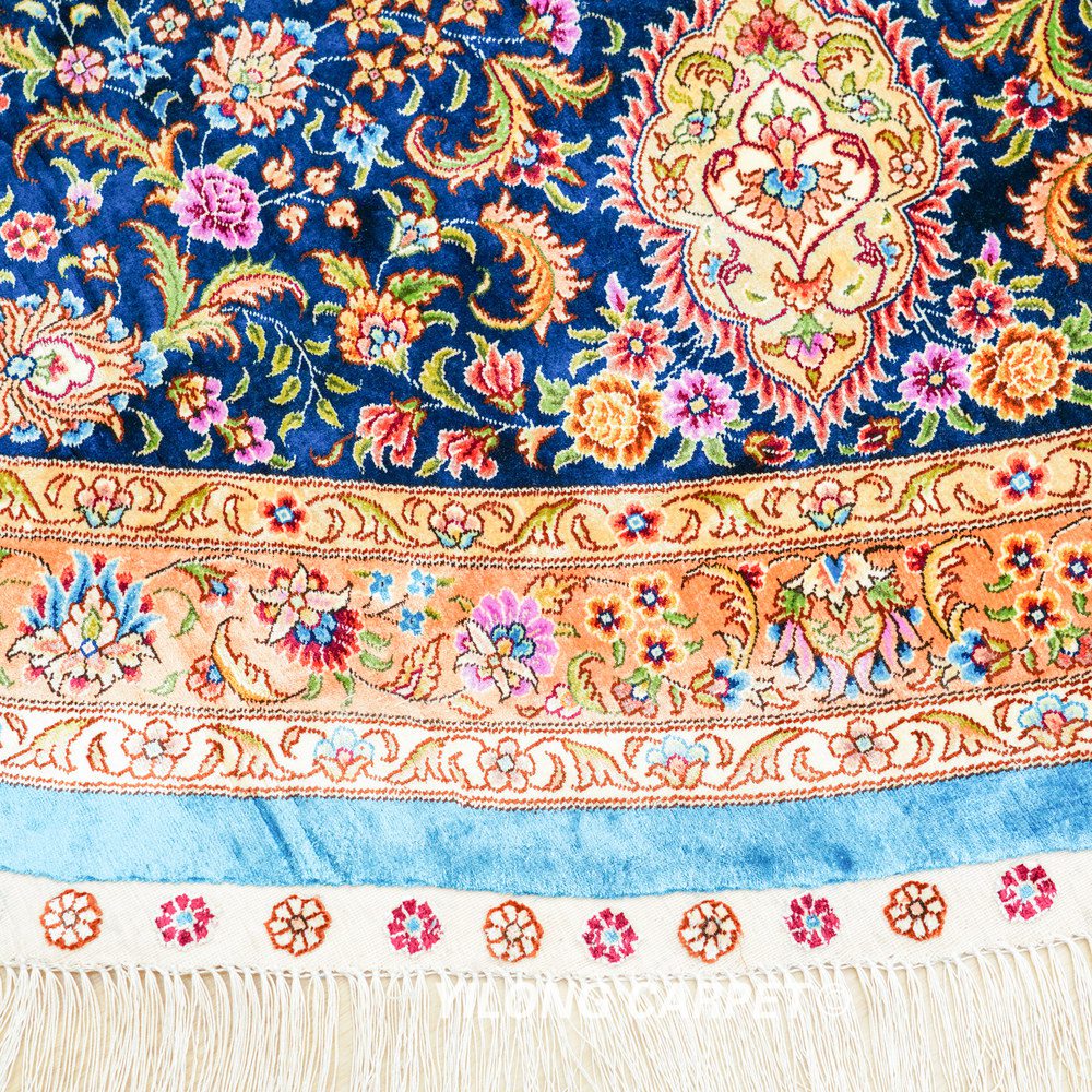 Round Blue Floral Medallion Hand-Knotted Silk Rug 12x12 - Image 7