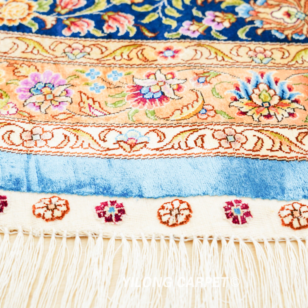 Round Blue Floral Medallion Hand-Knotted Silk Rug 12x12 - Image 6