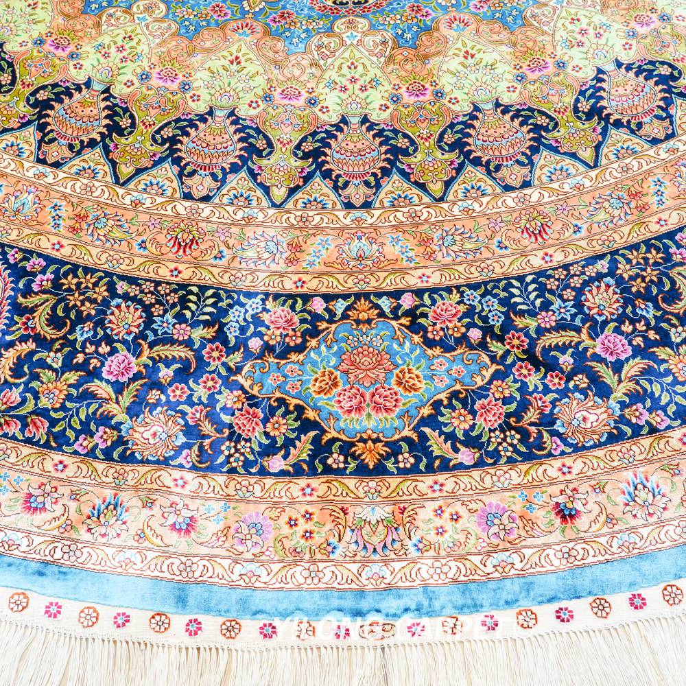 Round Blue Floral Medallion Hand-Knotted Silk Rug 12x12 - Image 5