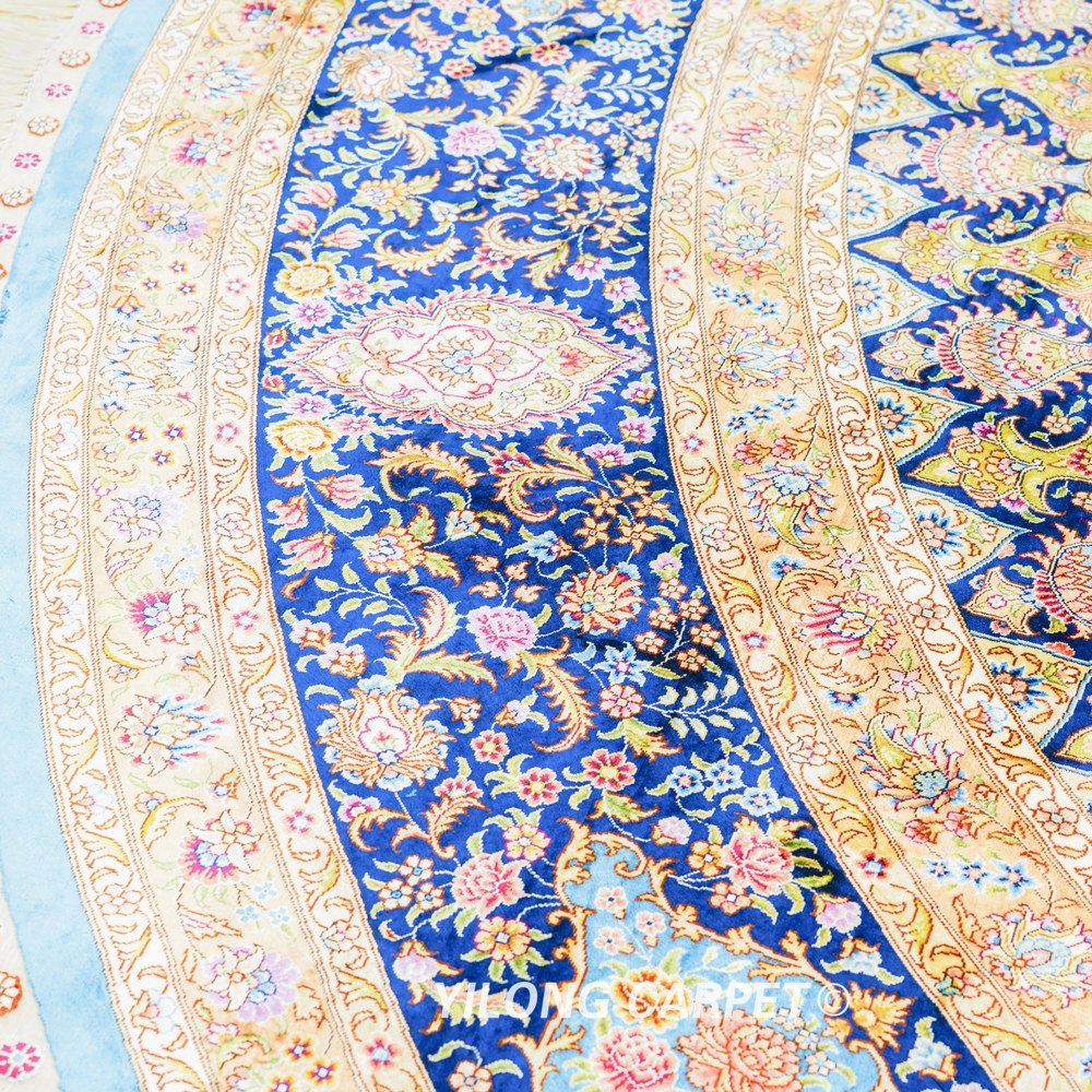 Round Blue Floral Medallion Hand-Knotted Silk Rug 12x12 - Image 8