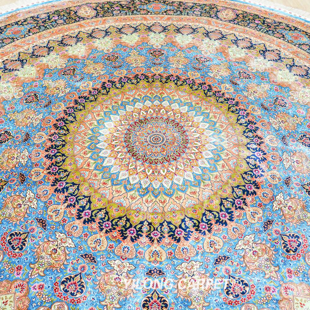 Round Blue Floral Medallion Hand-Knotted Silk Rug 12x12 - Image 4