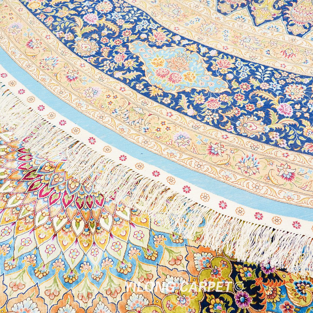 Round Blue Floral Medallion Hand-Knotted Silk Rug 12x12 - Image 9