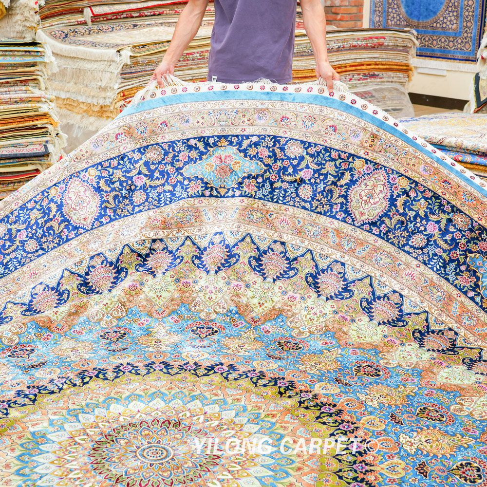 Round Blue Floral Medallion Hand-Knotted Silk Rug 12x12 - Image 3