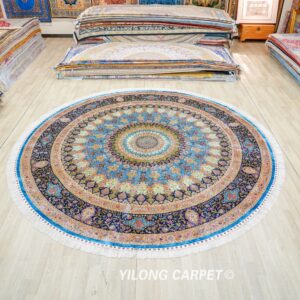 Round Blue Floral Medallion Hand-Knotted Silk Rug 12x12