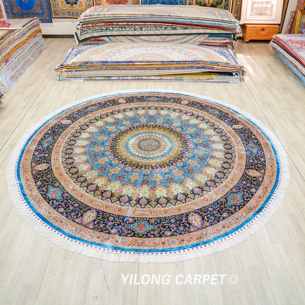 Round Blue Floral Medallion Hand-Knotted Silk Rug 12x12
