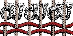 Illustration showing rug knots around warp threads with a red weft passing across the row
