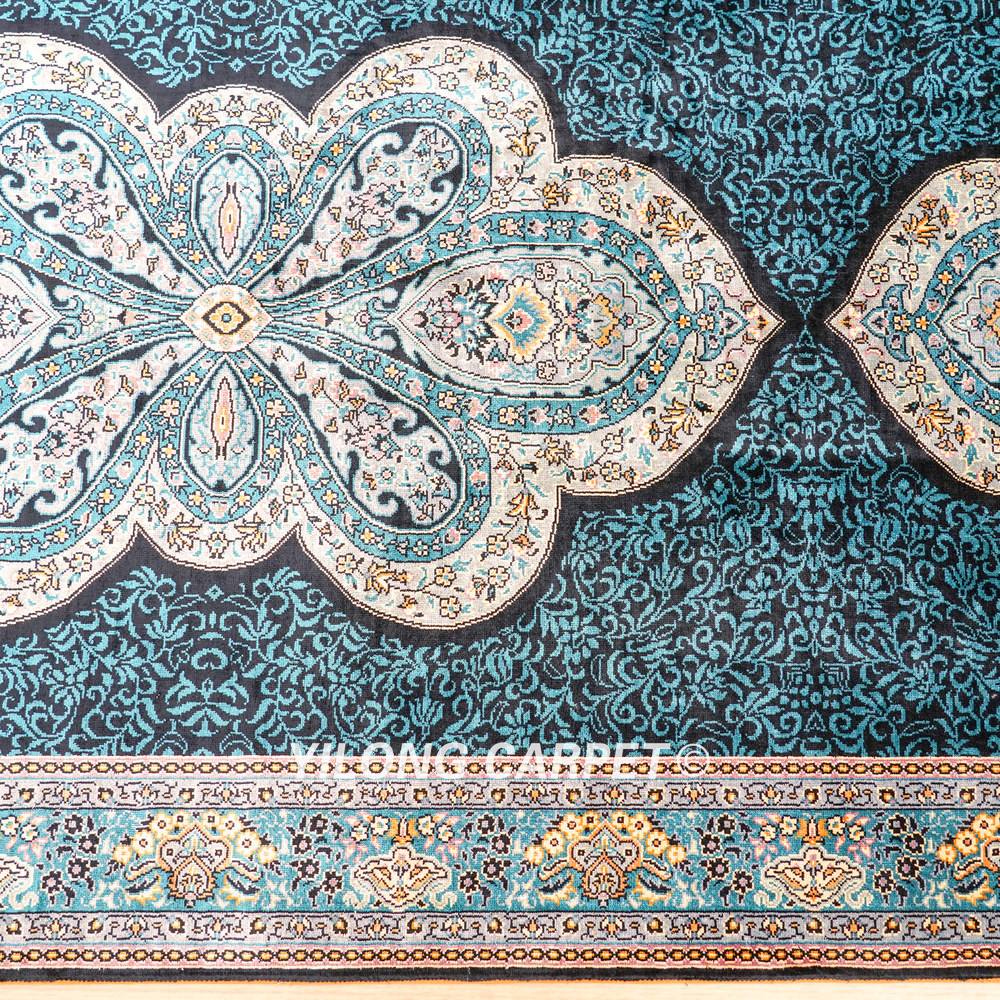 Teal Blue Floral Medallion Hand-Knotted Silk Rug Runner – 3 x 12 ft - Image 6