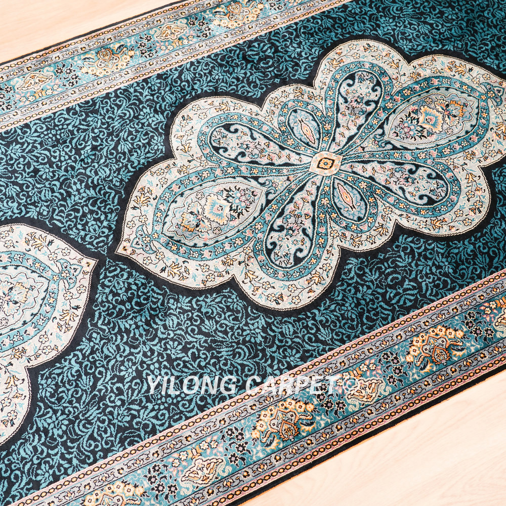 Teal Blue Floral Medallion Hand-Knotted Silk Rug Runner – 3 x 12 ft - Image 5