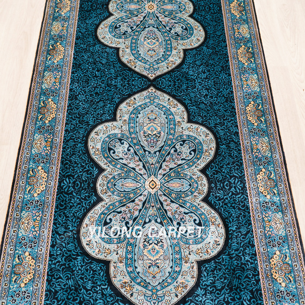 Teal Blue Floral Medallion Hand-Knotted Silk Rug Runner – 3 x 12 ft - Image 4