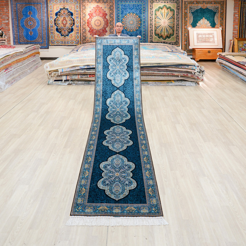 Teal Blue Floral Medallion Hand-Knotted Silk Rug Runner – 3 x 12 ft