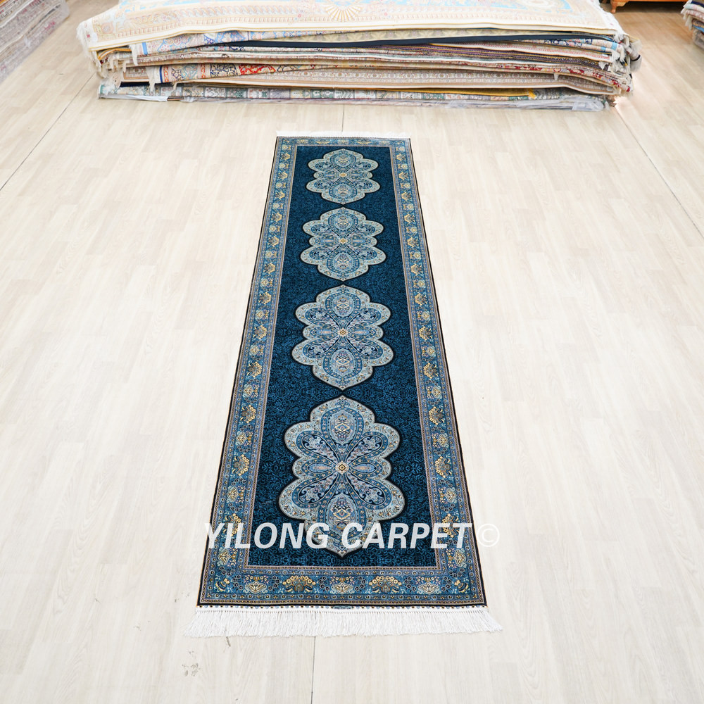 Teal Blue Floral Medallion Hand-Knotted Silk Rug Runner – 3 x 12 ft - Image 3
