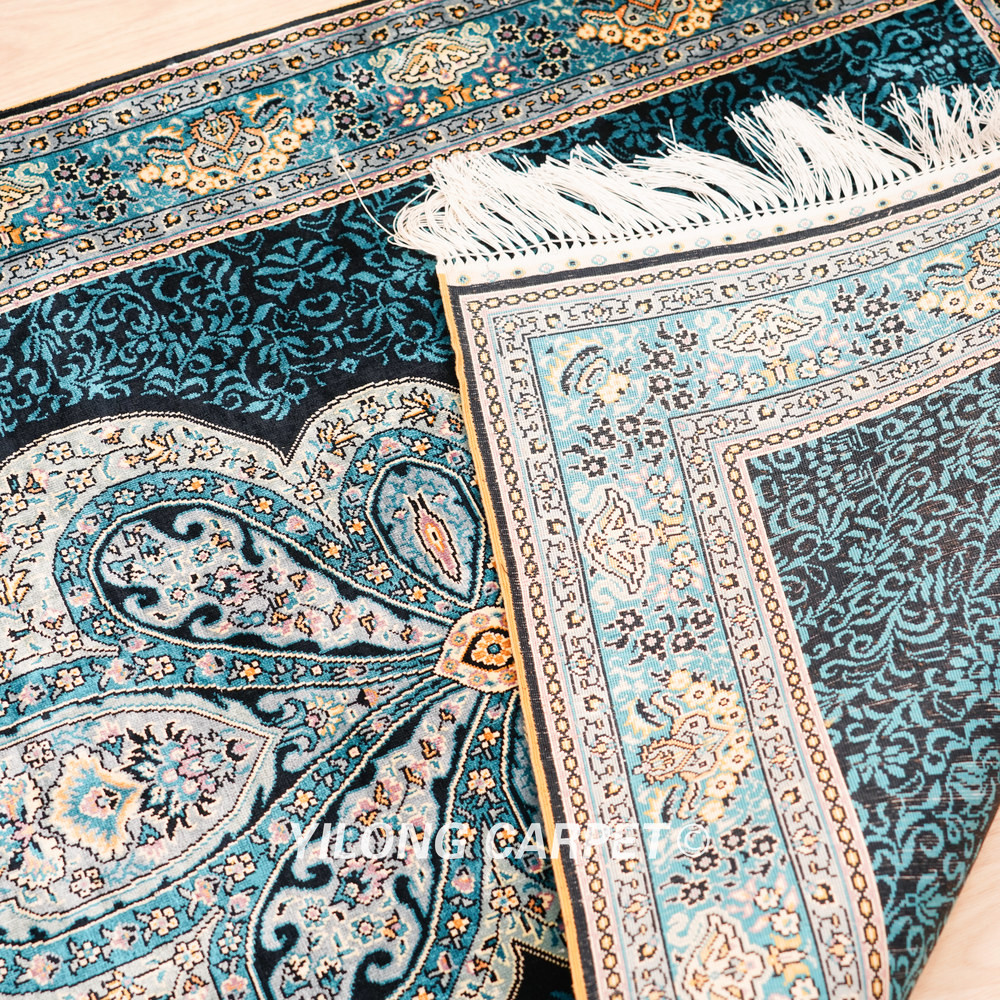 Teal Blue Floral Medallion Hand-Knotted Silk Rug Runner – 3 x 12 ft - Image 8