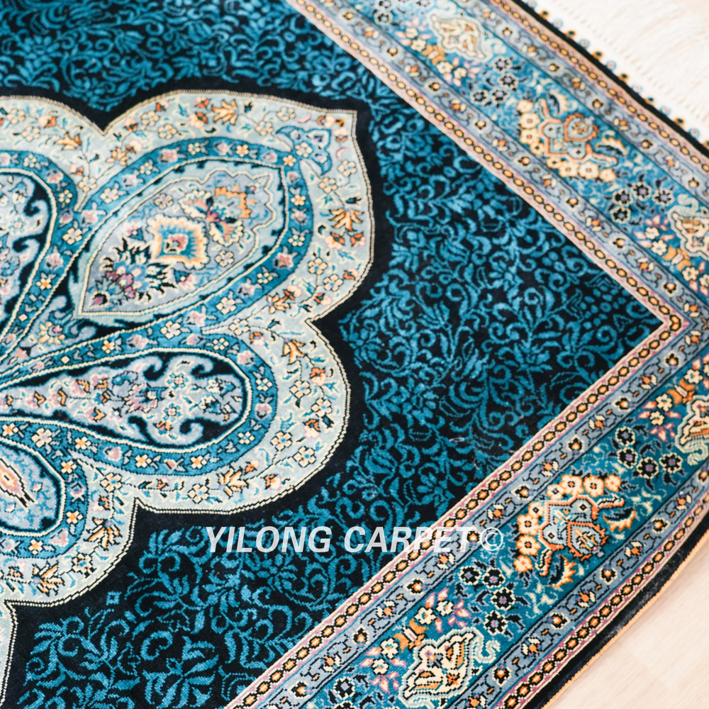 Teal Blue Floral Medallion Hand-Knotted Silk Rug Runner – 3 x 12 ft - Image 7