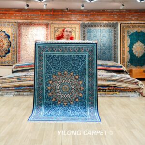 Teal Floral Medallion Hand-Knotted Silk Rug 4x6