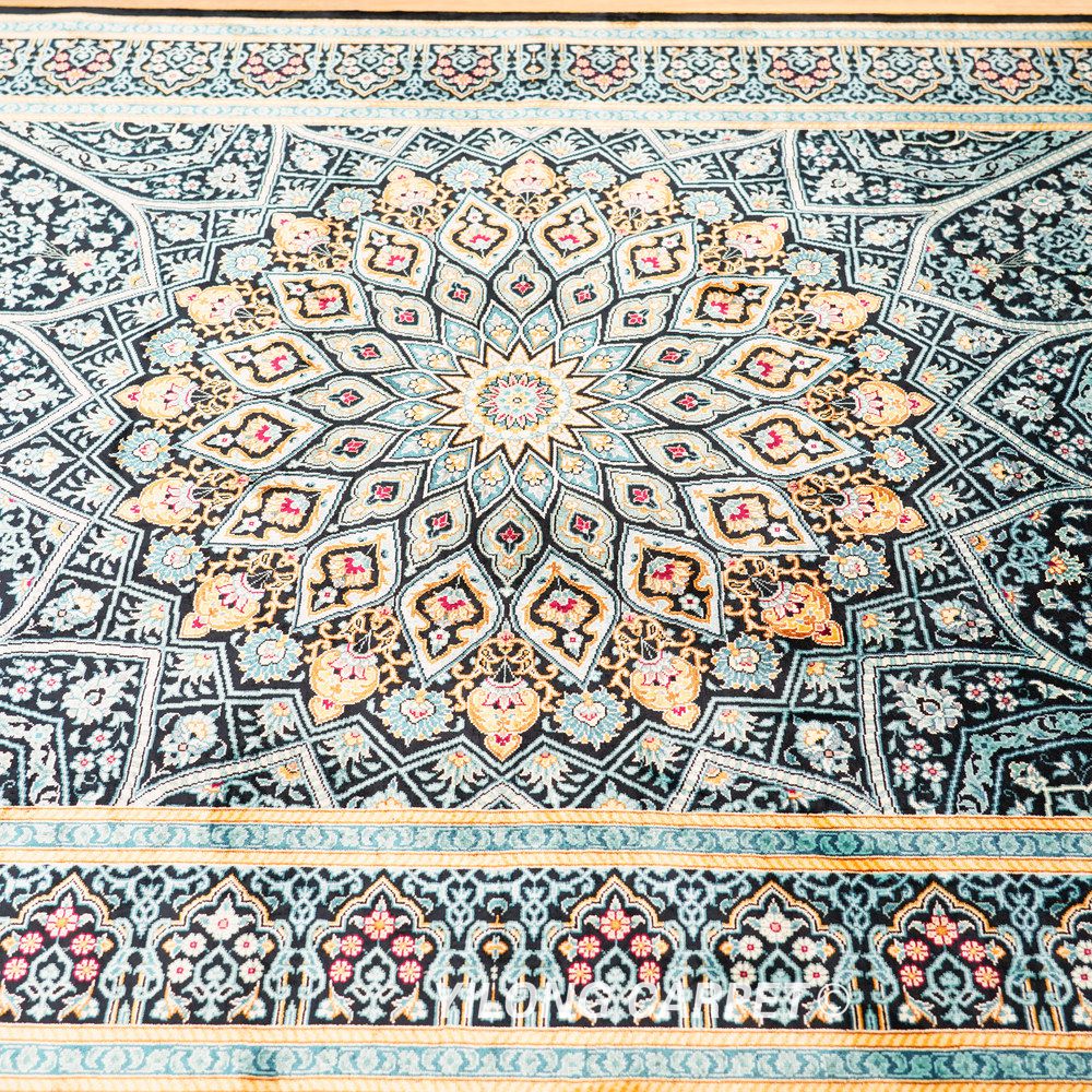 Teal Geometric Medallion Hand-Knotted Silk Rug 4x6 - Image 5