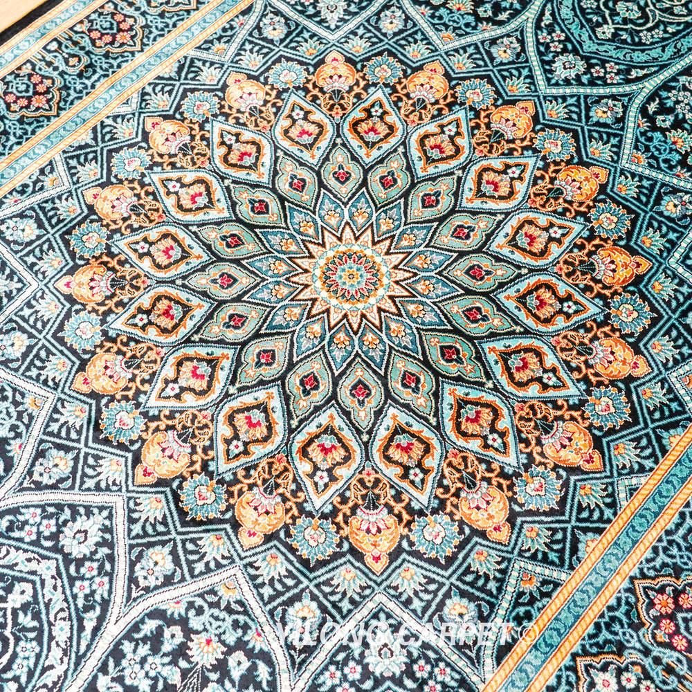 Teal Geometric Medallion Hand-Knotted Silk Rug 4x6 - Image 7