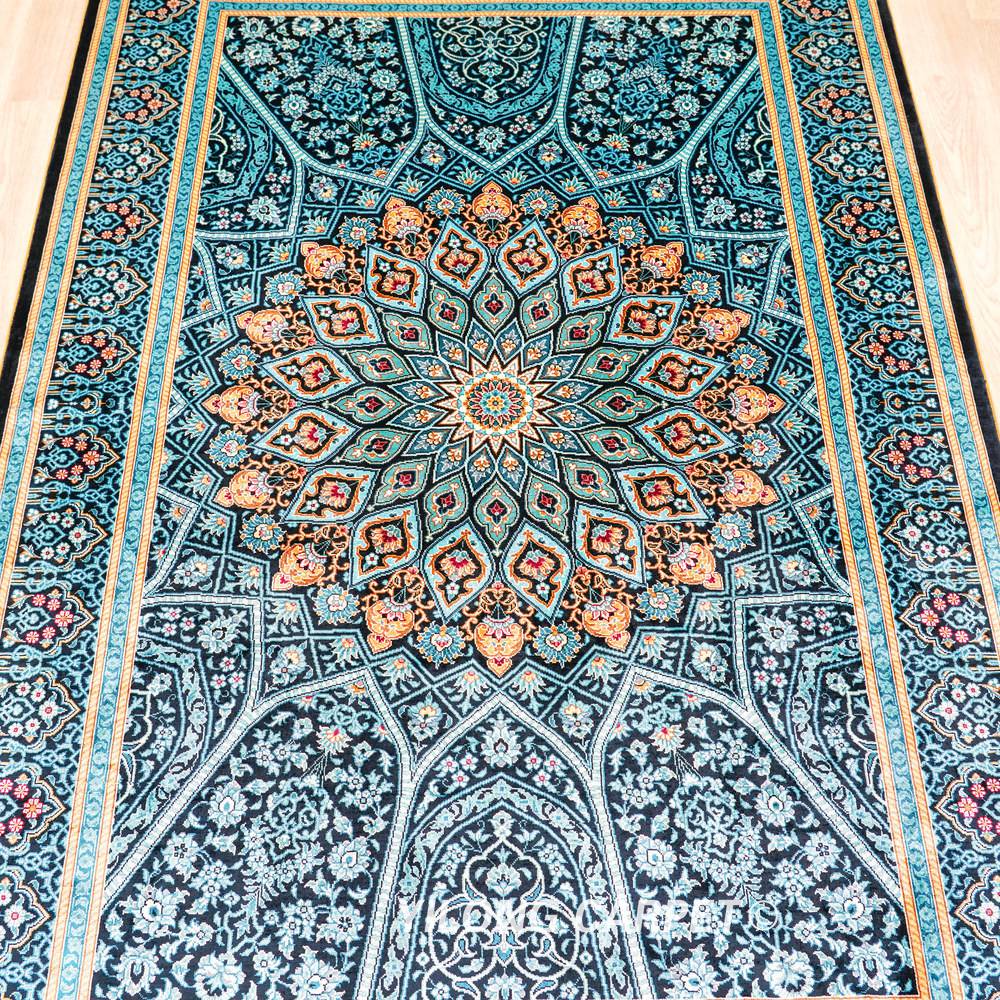 Teal Geometric Medallion Hand-Knotted Silk Rug 4x6 - Image 8