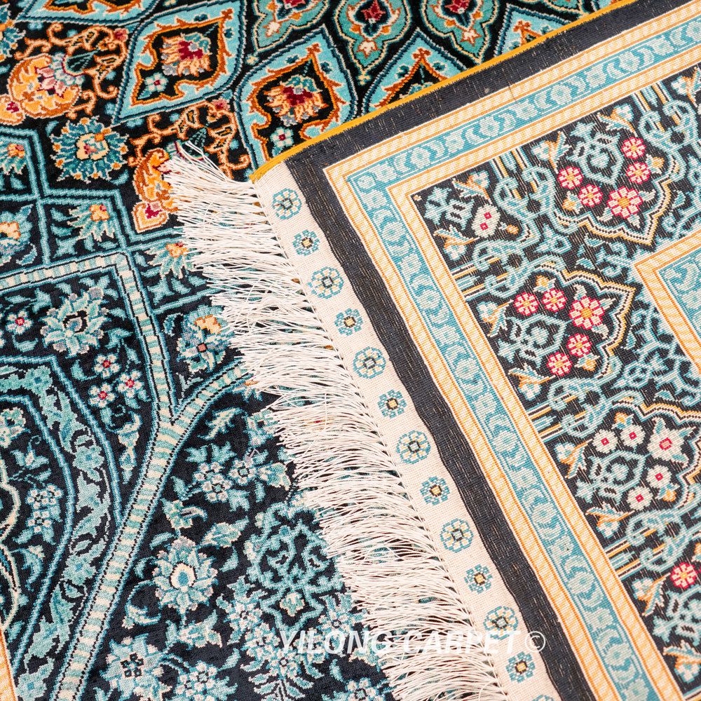 Teal Geometric Medallion Hand-Knotted Silk Rug 4x6 - Image 9