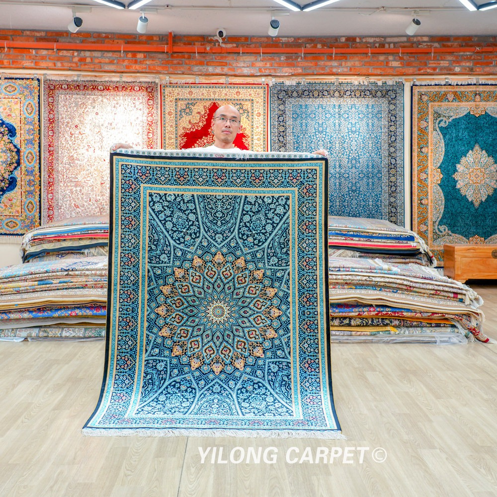 Teal Geometric Medallion Hand-Knotted Silk Rug 4x6