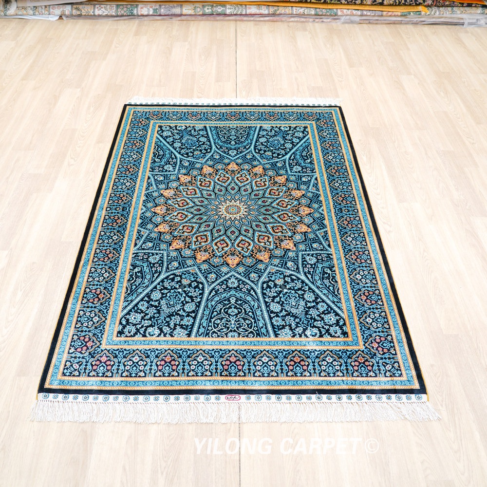 Teal Geometric Medallion Hand-Knotted Silk Rug 4x6 - Image 3