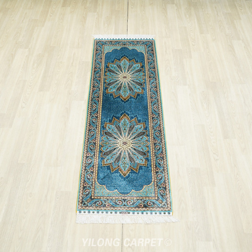 Teal, turquoise and cream Hand-Knotted Real Silk Rug 2 × 6 ft | CZN115A | Turkish Style | YILONG - Image 3