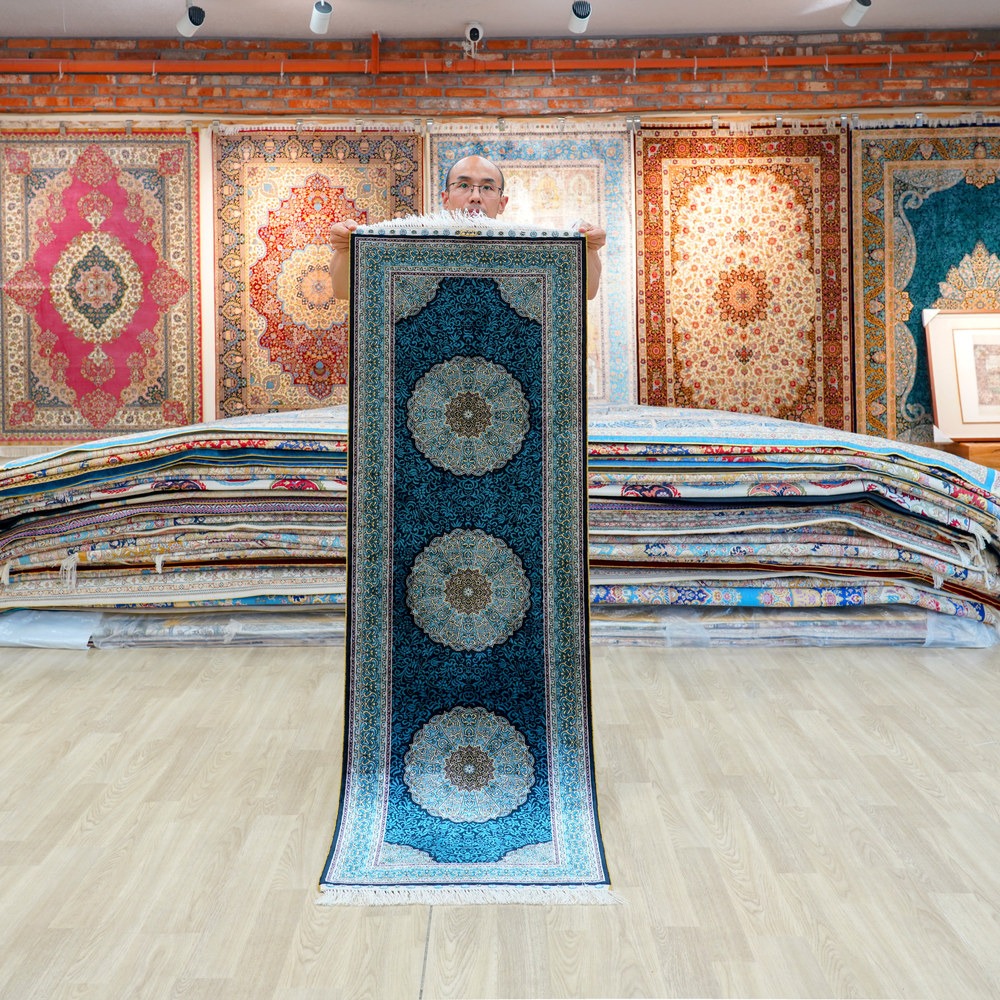 Navy blue and dark blue Hand-Knotted Real Silk Rug 2 × 6 ft | CZN116A | Turkish Style | YILONG