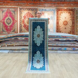 Dark teal, blue and cream Hand-Knotted Real Silk Rug 2 × 6 ft | CZN117A | Turkish Style | YILONG