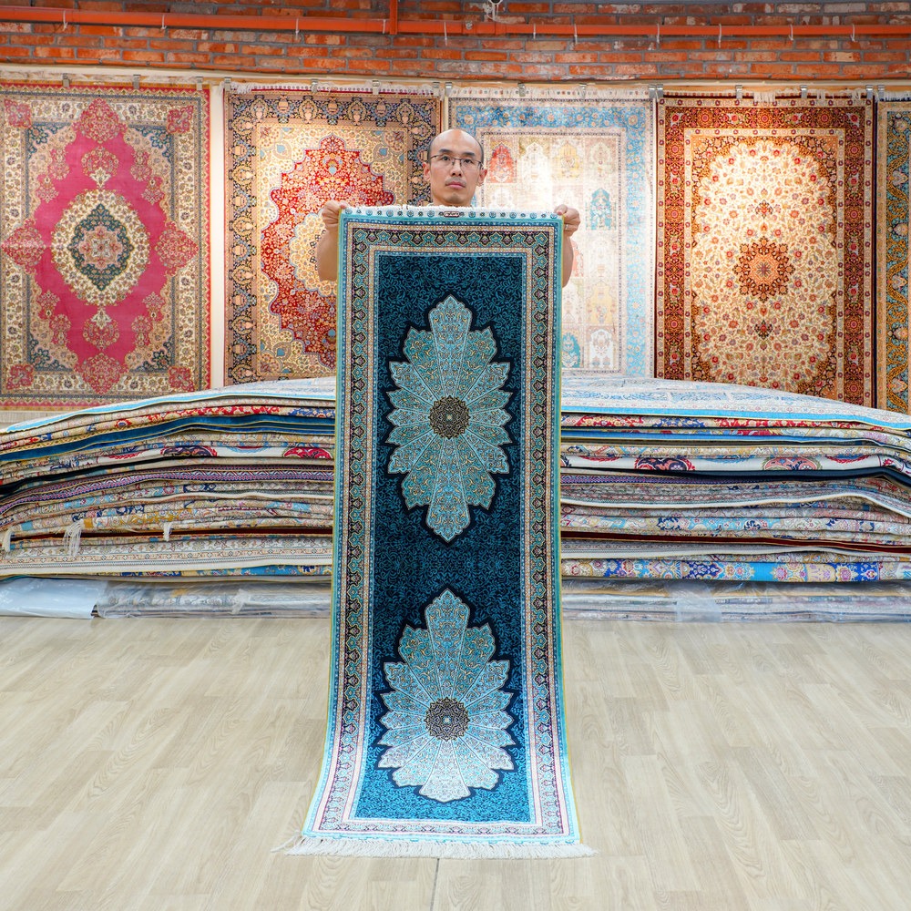 Dark teal, blue and cream Hand-Knotted Real Silk Rug 2 × 6 ft | CZN117A | Turkish Style | YILONG