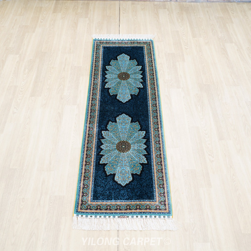 Dark teal, blue and cream Hand-Knotted Real Silk Rug 2 × 6 ft | CZN117A | Turkish Style | YILONG - Image 3